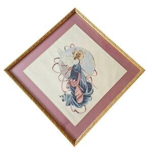 Counted Cross Stitch Moon Angel Completed Lavender & Lace Framed 20" X 20"